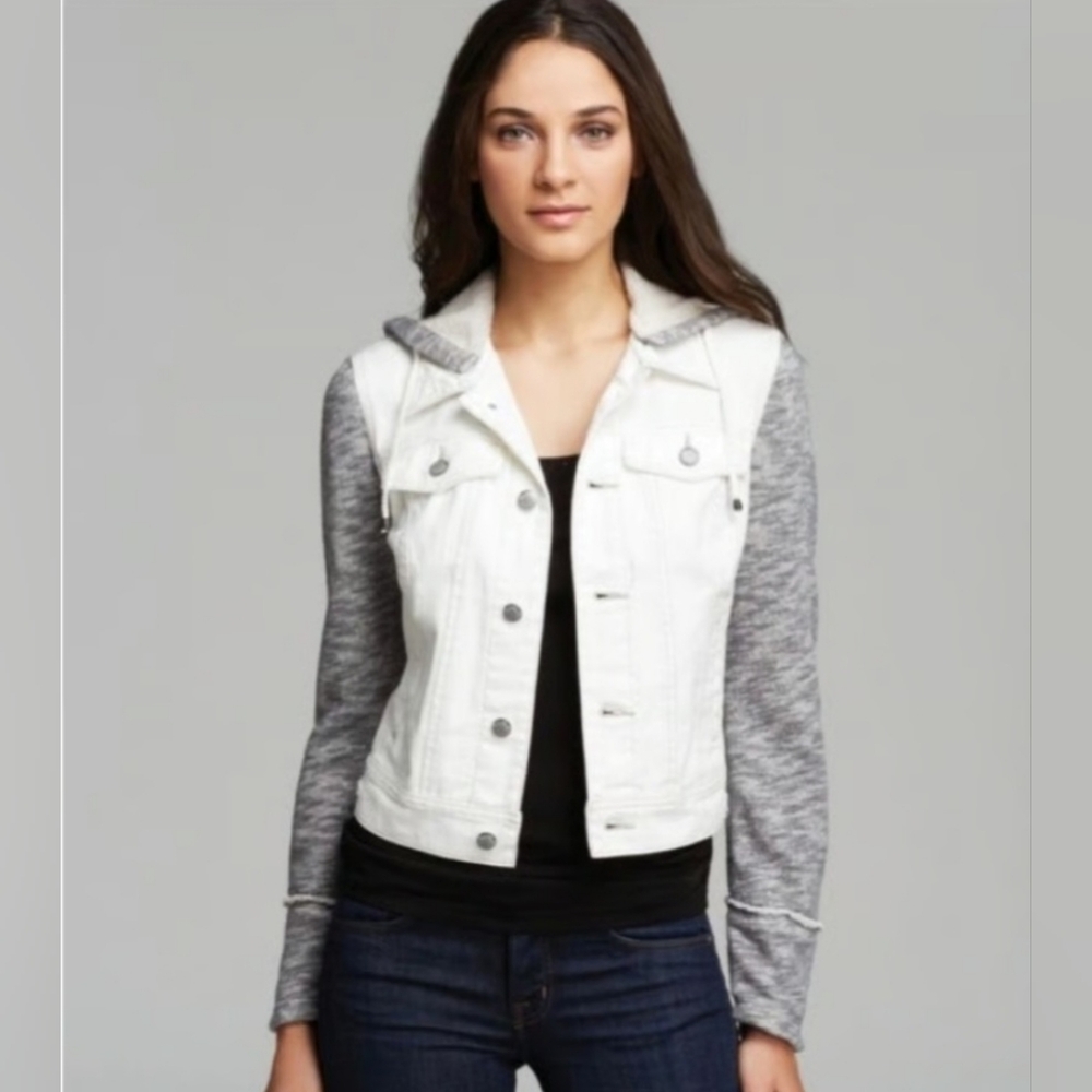 Free People White and Gray Distressed Jean Jacket